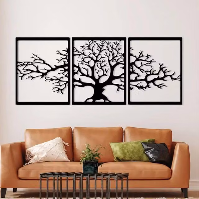 Decortie Platanus Metal Triptych Wall Art, Black Floral Leaves Design, 48 cm