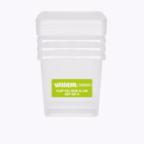 Wham 4 x 14L Square Stackable Plastic Storage Boxes with Lids, Transparent
