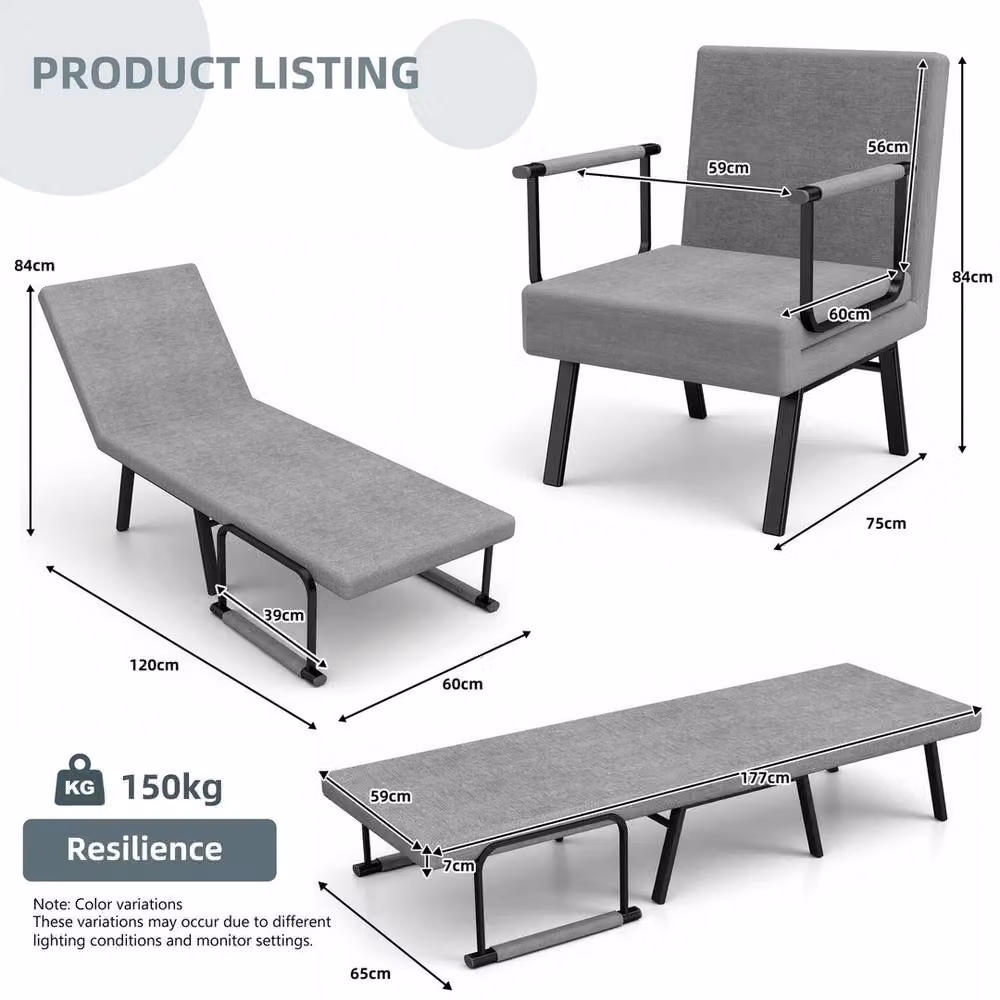 NESTLUNE 4-in-1 Upholstered Folding Fabric Sofa Bed in Grey, W: 100 cm, H: 15 cm – 2