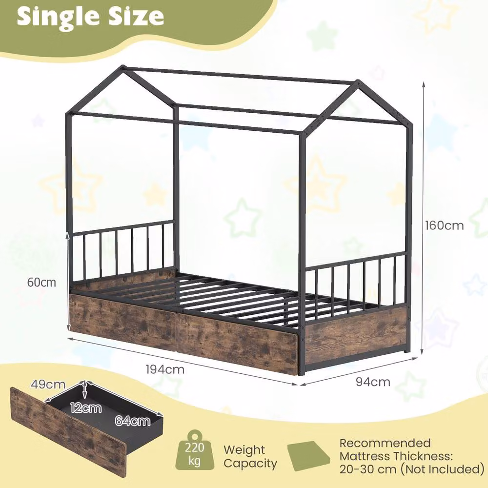 Costway Single Size Metal Bed Frame with 2 Drawers, Headboard and Footboard in Brown, W/D/H: 90 x 200 cm – 2