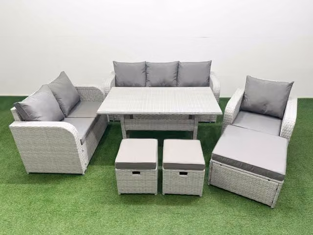 Fimous Patio 9 Seater Grey PE Wicker Rattan Outdoor Furniture Set with Rectangular Dining Table, Reclining Chairs, Loveseat, 3 Seater Sofa and Stool