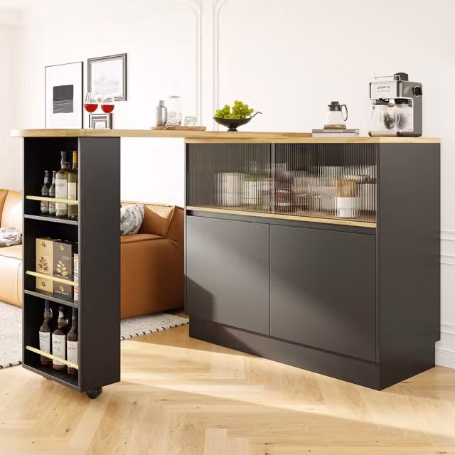 Aosom UK 360 Degree Rotating Bar Cabinet with Sliding Glass Doors and Open Shelves, Black, W/D/H: 120 x 90 x 100 cm – 1