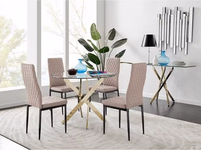 FurnitureboxUK Novara 100cm Gold Round Glass Dining Table and 4 Milan Black Leg Chairs in Cappuccino