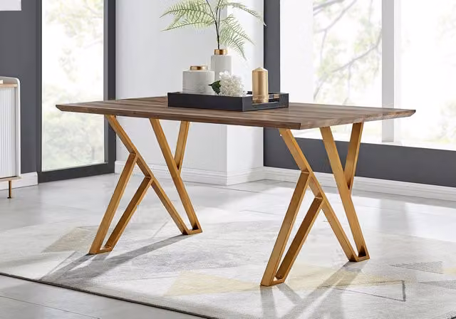 FurnitureboxUK Taranto 6 Seat Dining Table in Brown Oak Effect with Gold Legs