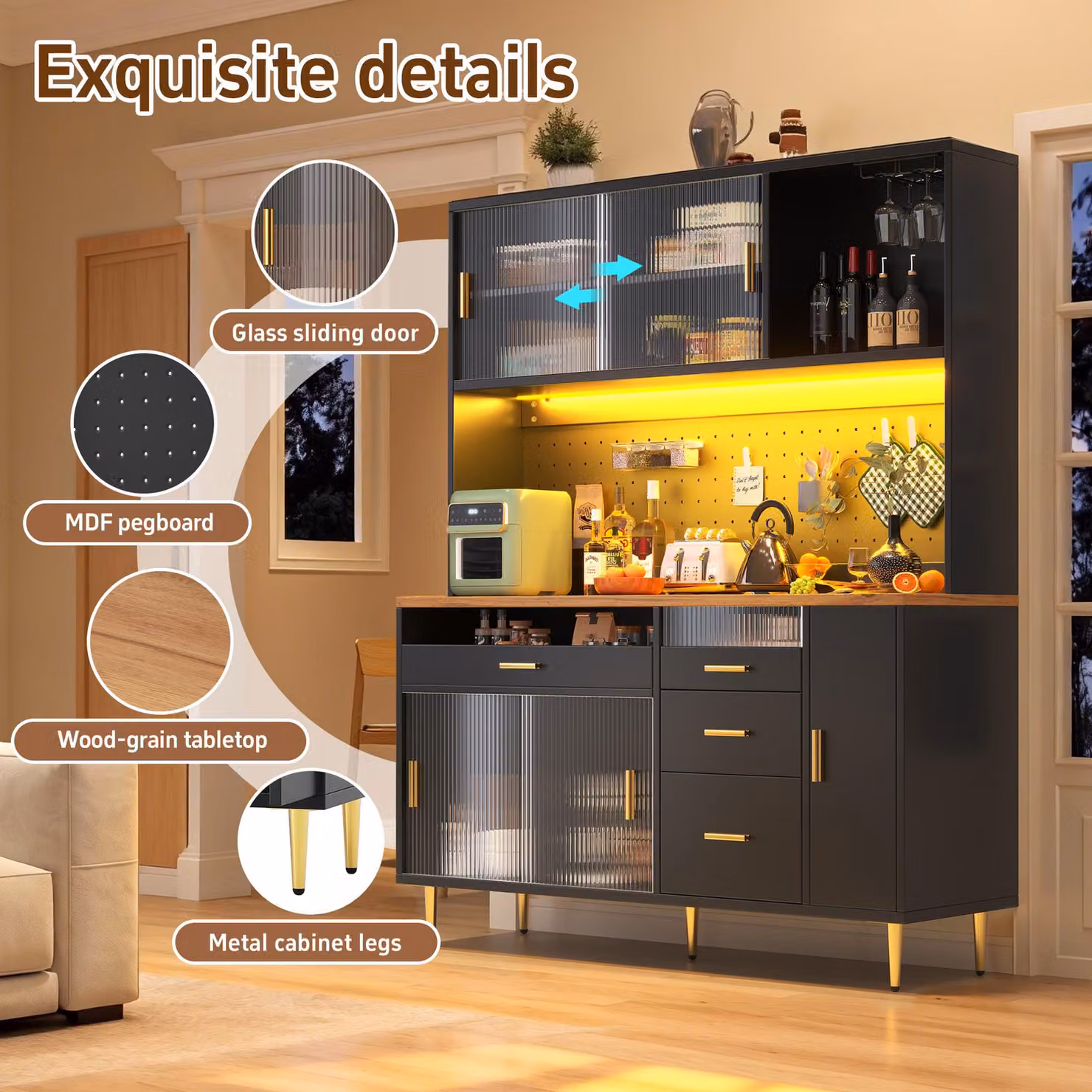 Aosom UK Modern Black Highboard with App-Controlled LED Lighting and Sliding Glass Doors, W/D/H: 39 x 39 x 171 cm – 4