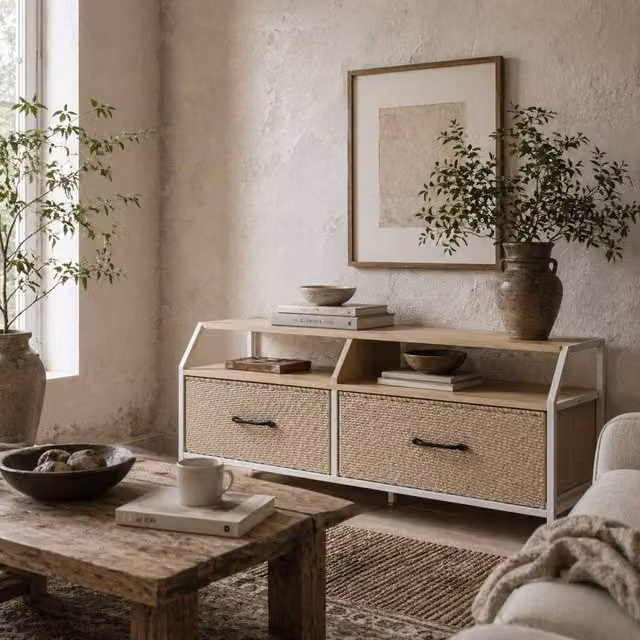 Wyld Haus Avamira Industrial TV Stand with Foldable Drawers, Brown and White, Width: 98 cm