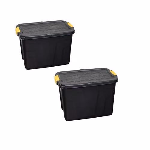 Samuel ALEXANDER 2 x 60L Heavy Duty Lockable and Stackable Plastic Storage Tubs with Clips in Black and Yellow, W/D/H: 40 x 40 x 40 cm