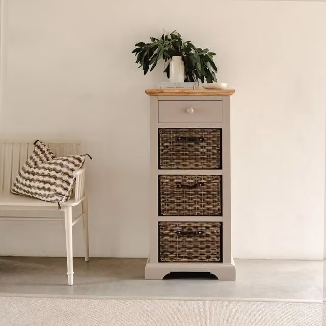 Florence Tallboy with Drawer and Storage Baskets in Truffle Acacia Wood, H: 113 cm, W: 54 cm, D: 42 cm
