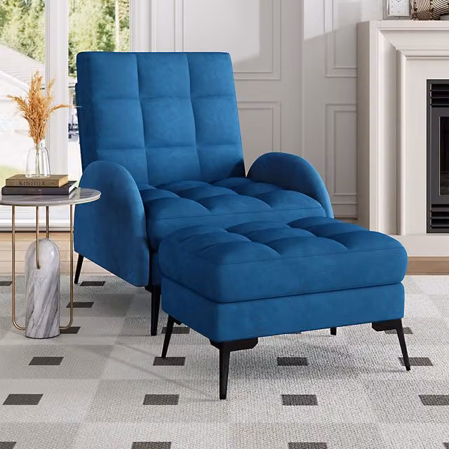 Livingandhome Blue Velvet Upholstered Armchair with Ottoman