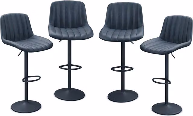 URBNLIVING Set of 4 Ribbed PU Leather Bar Stools with Backrest and Footrest in Blue