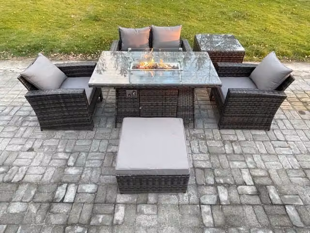 Fimous 5 Seater Outdoor Rattan Sofa Set with Gas Firepit Dining Table and Side Table in Dark Grey
