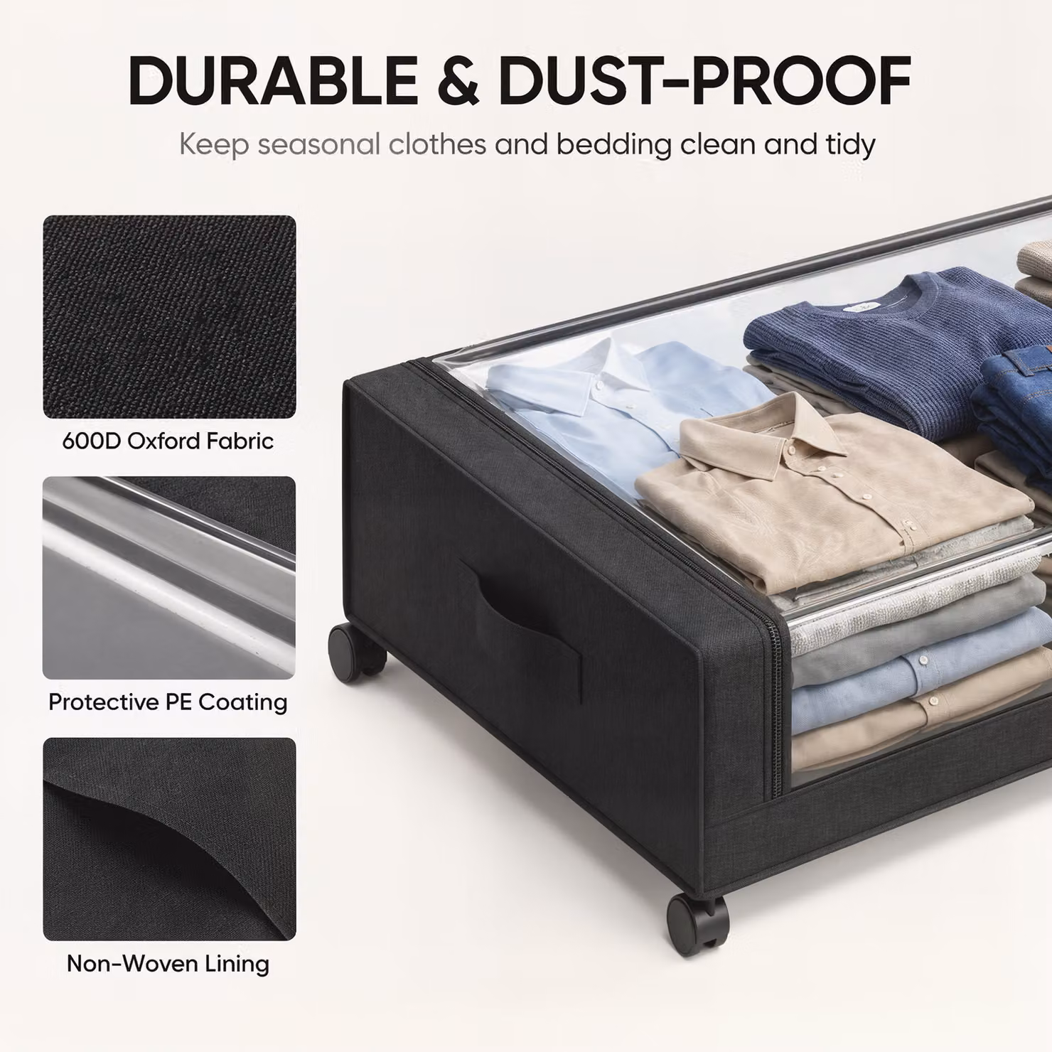 HOMCOM Pack of 2 Black Fabric Under Bed Storage Drawers with Clear Lids and Wheels, 40L Capacity – 5