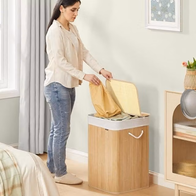SONGMICS Medium Bamboo Laundry Basket with Removable Cotton Liner Bag in Beige/Sand