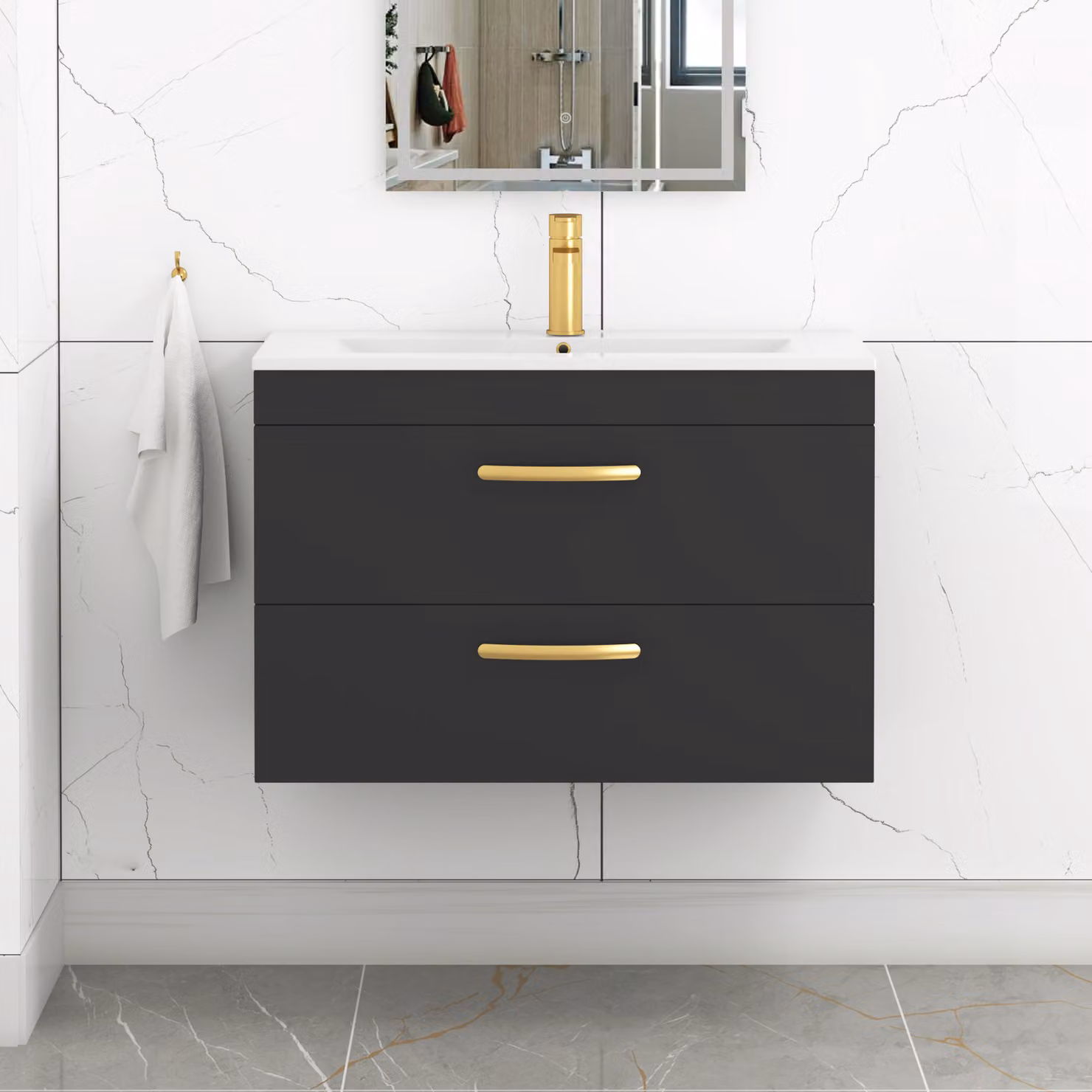 Royal Bathrooms Turin 800mm Wall Hung Vanity Unit in Matt Black with 2 Drawers and Brushed Brass Handles