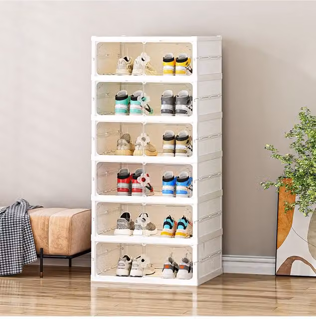 Living and Home 6-Tier Foldable White Shoe Storage Cabinet with Hinged Doors