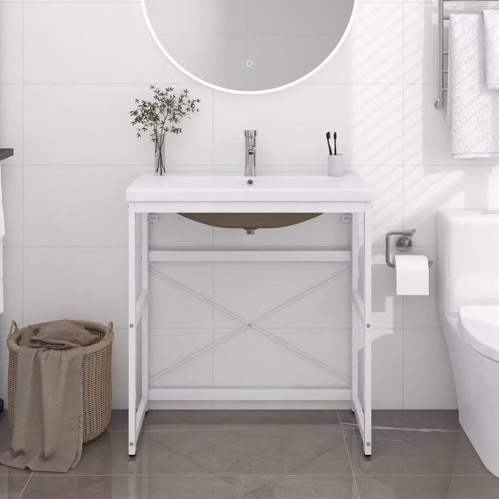Berkfield Home Elegant White Iron Bathroom Washbasin Frame with Built-in Basin, H 83 x W 38 x D 38 cm – 1