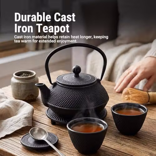 Gr8 Home 5 in 1 Cast Iron Japanese Style Teapot Set with Infuser, Cups and Trivet, Black, 800ml – 3