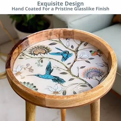 Hartsmede Hummingbird Mango Wood Round Side Table in Beige with Resin-Coated Enamel Top, W/D/H: 38 x 38 x 46 cm – 3