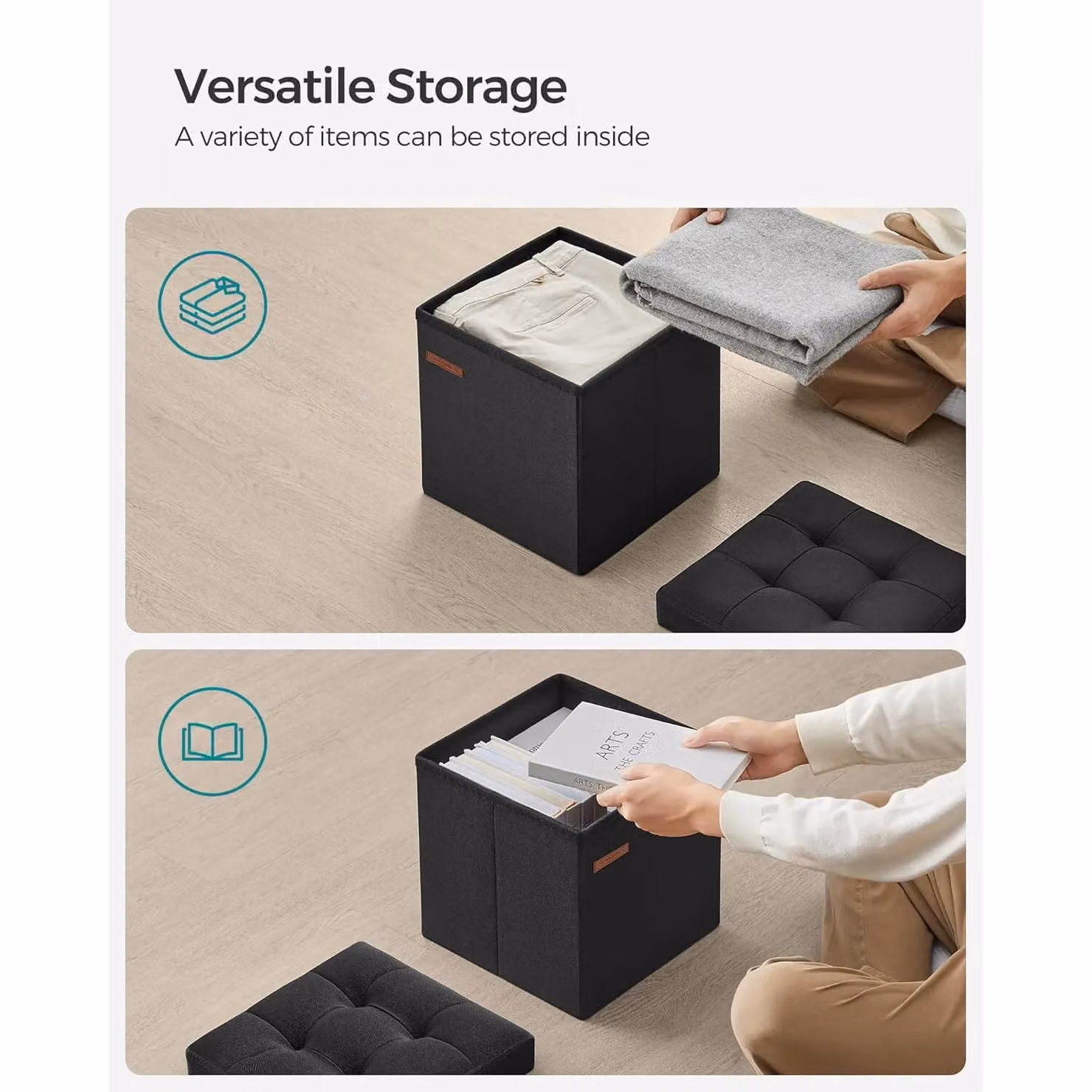 SONGMICS Small Foldable Storage Ottoman Foot Rest in Black – 4
