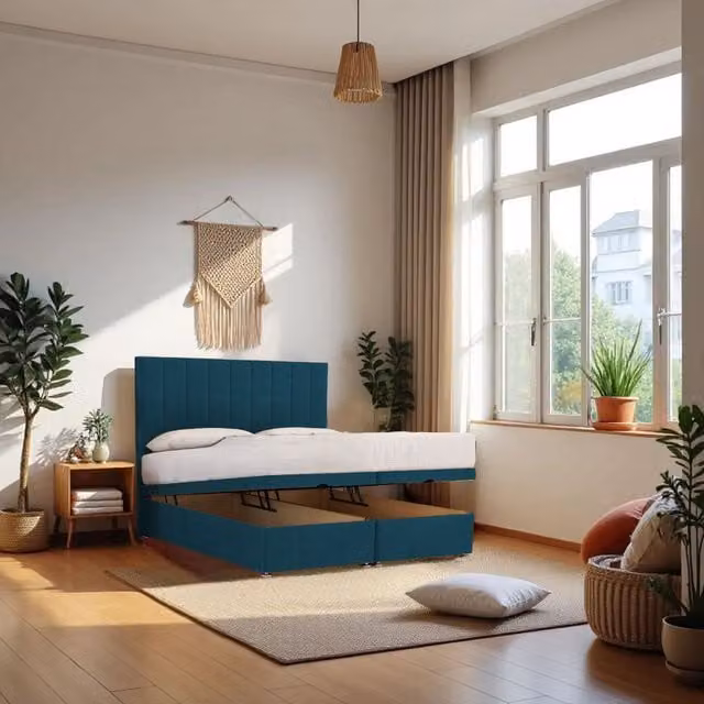 Knight Sleep Paris Navy Blue Single End Opening Ottoman Bed with Orthopaedic Hybrid Mattress and 24 inch Headboard, W/D/H: 90 x 190 cm