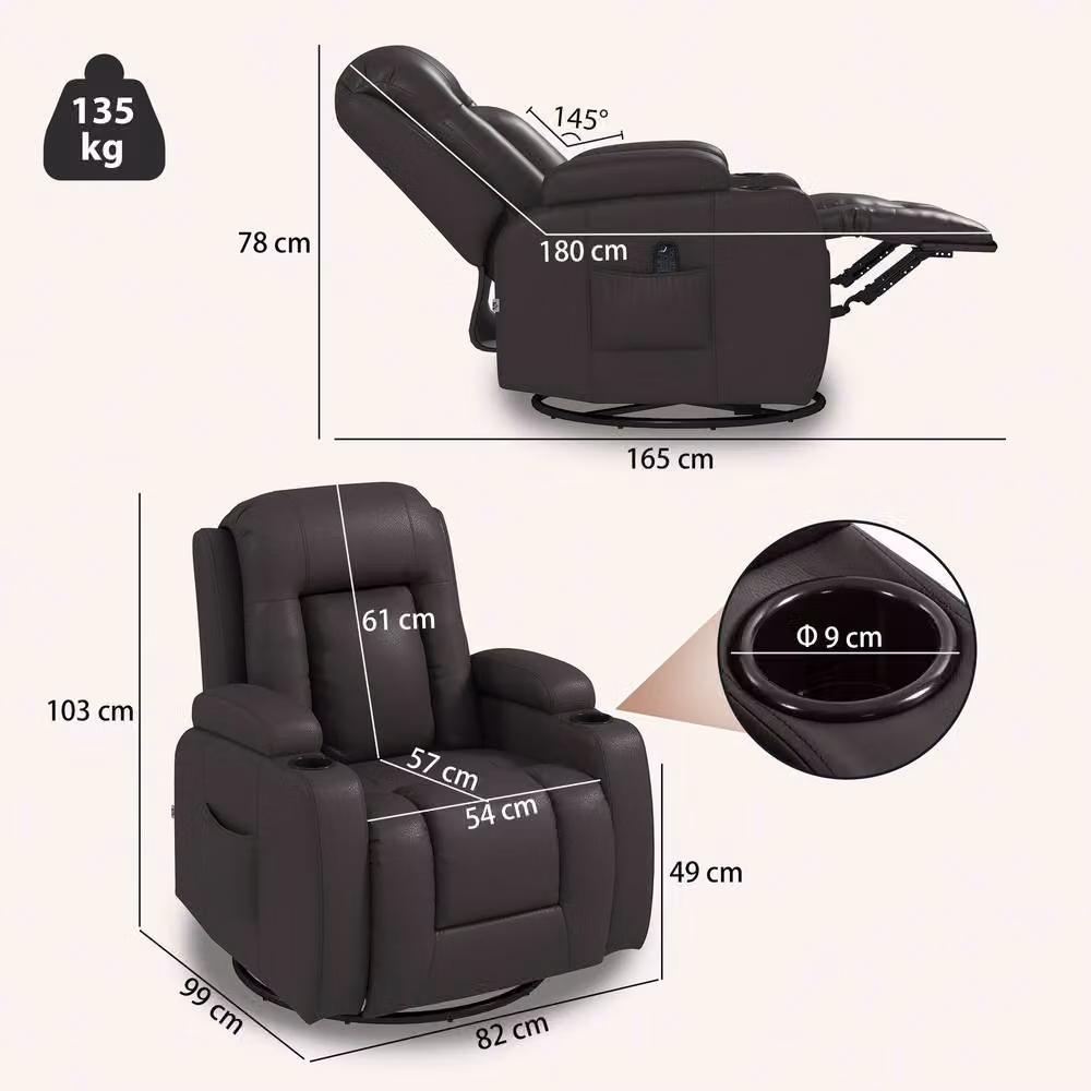 HOMCOM Brown Synthetic Leather Relax Recliner Chair with Armrests – 3