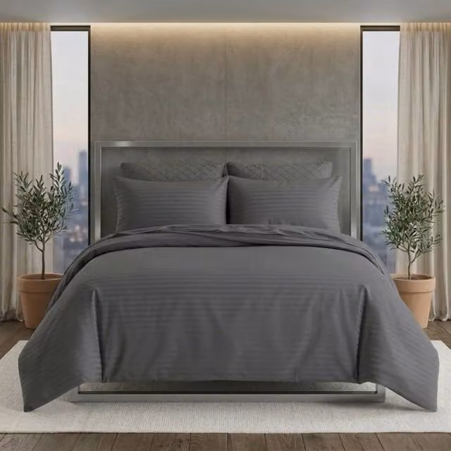 Snug City Luxury Satin Stripe Duvet Cover Set in Grey, Cotton Rich T250 Bed Linen, 200 x 200 cm