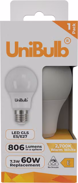 UniBulb LED GLS E27 Globe Bulb, 806lm, 7.3W, 2700K Warm White