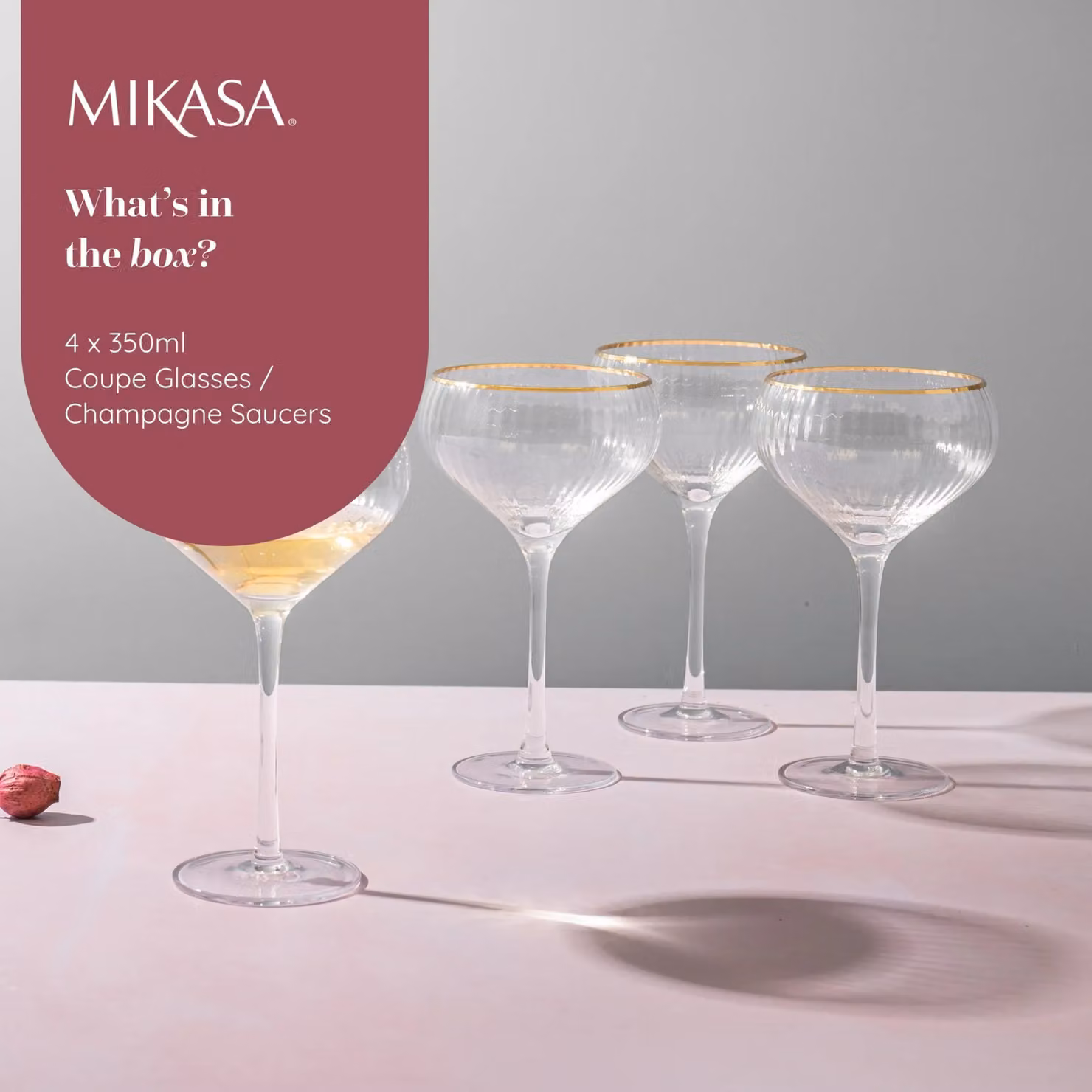 Mikasa Sorrento Set of 4 Ridged Lead-Free Crystal Champagne Coupe Cocktail Glasses, 350ml, Clear and Gold – 4