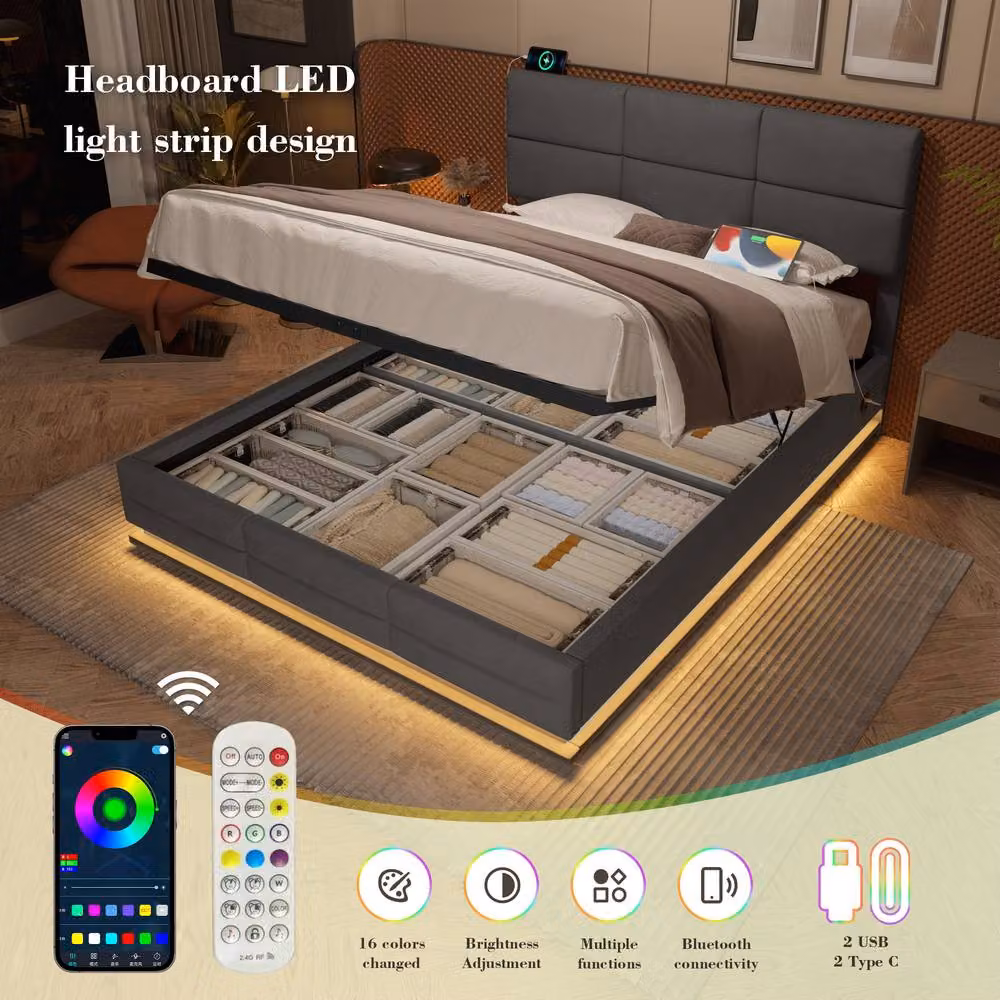 Matteo Velvet Upholstered King Size Bed Frame with Storage, LED Lighting and USB Charging Port in Grey, W: 180 cm, L: 200 cm – 8