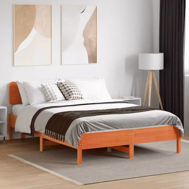 Berkfield Home Beautiful Solid Wood Pine Bed Frame in Waxed Brown, W/D/H: 140.5 x 190 x 81 cm