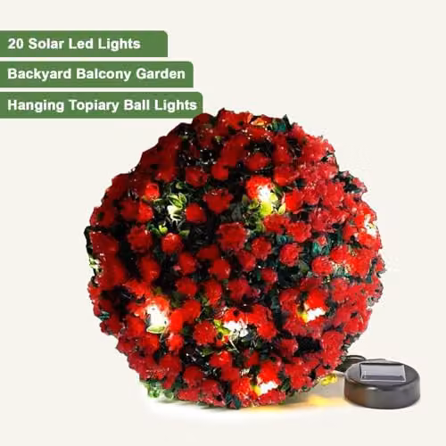 MantraRaj Solar Powered Topiary Ball with 20 LED Flower Lights, Red, Diameter: 28 cm – 5