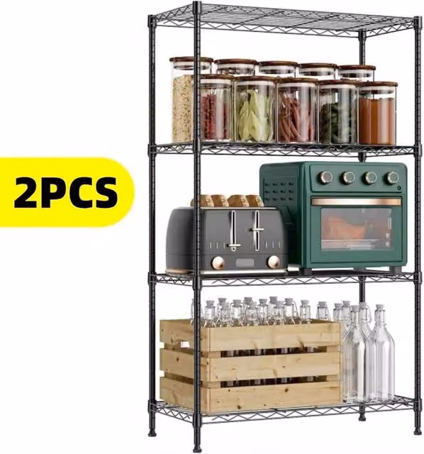 KORVIXA 2 Piece Set of 4 Tier Adjustable Metal Wire Shelving Units in Black