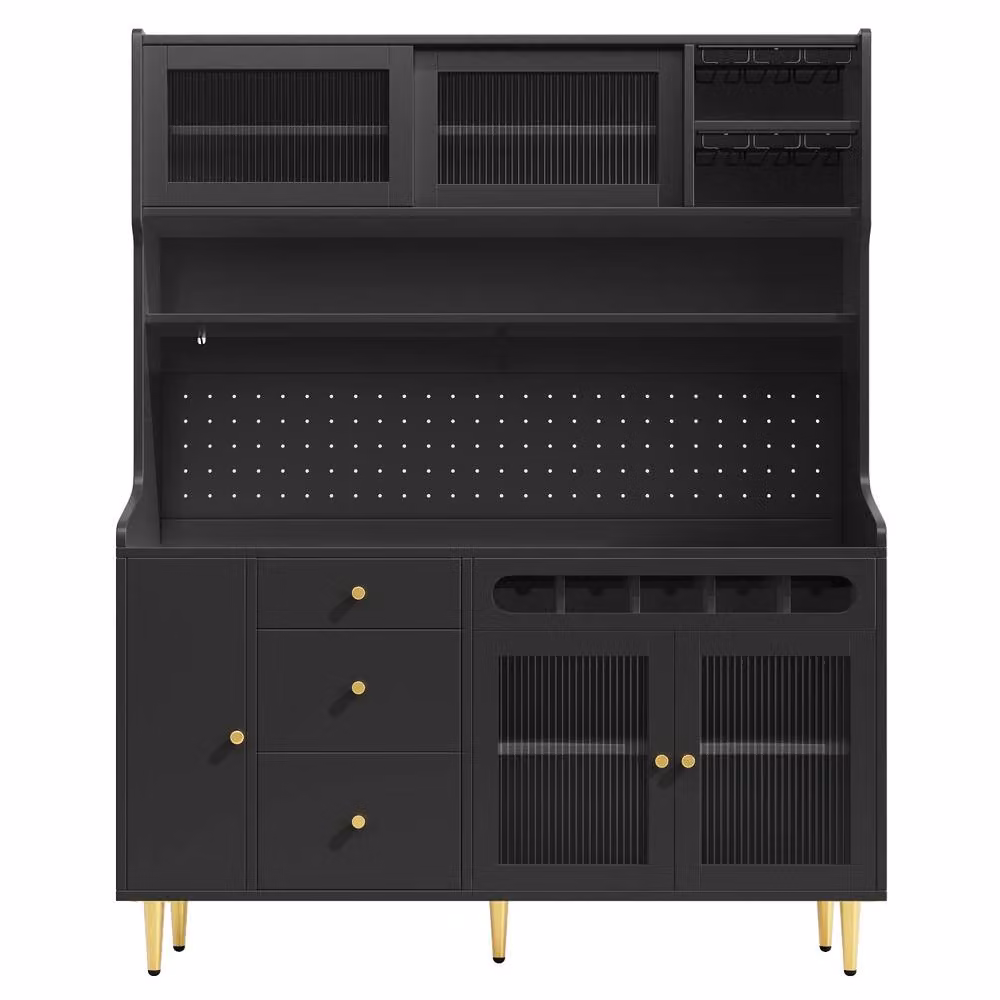 Rolipo Black Matt Highboard Storage Cabinet with Glass Sliding Doors, Integrated LED Lights and Wine Rack – 9
