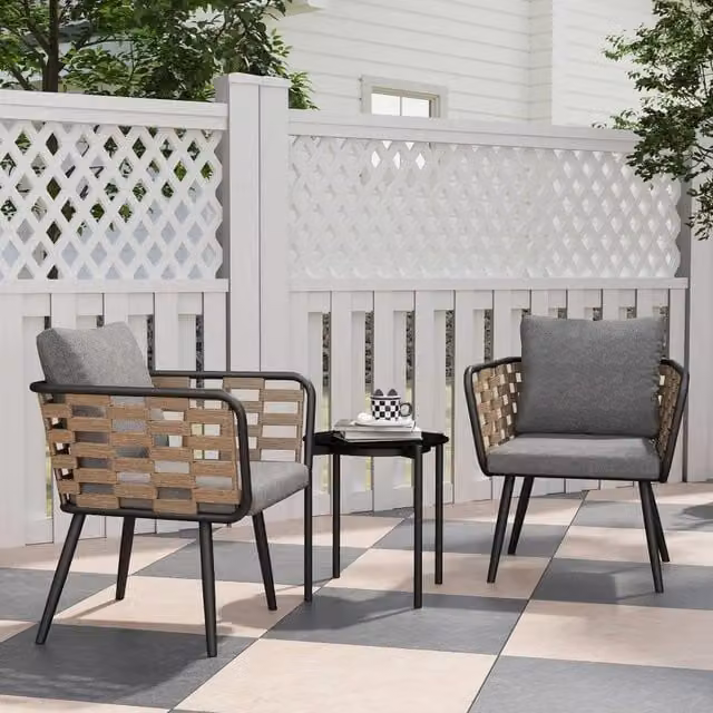 Chilli Paros Bistro Set in Grey Rattan and Metal with Glass Top