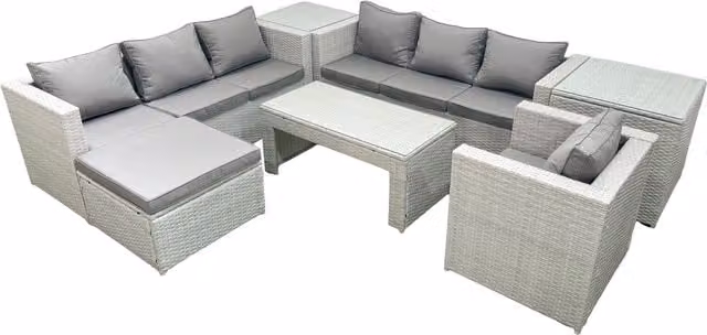 Fimous Wicker PE Rattan Garden Furniture Set in Light Grey with Coffee Table, Armchair, Footstool and Side Tables