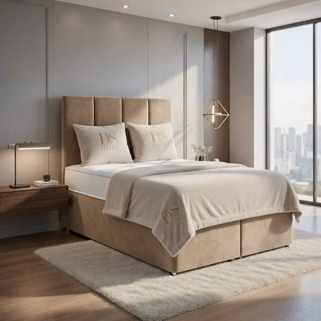 DS Living Harmony Upholstered Velvet Coffee Ottoman Bed in Brown and Beige, W/D/H: 200 x 200 cm