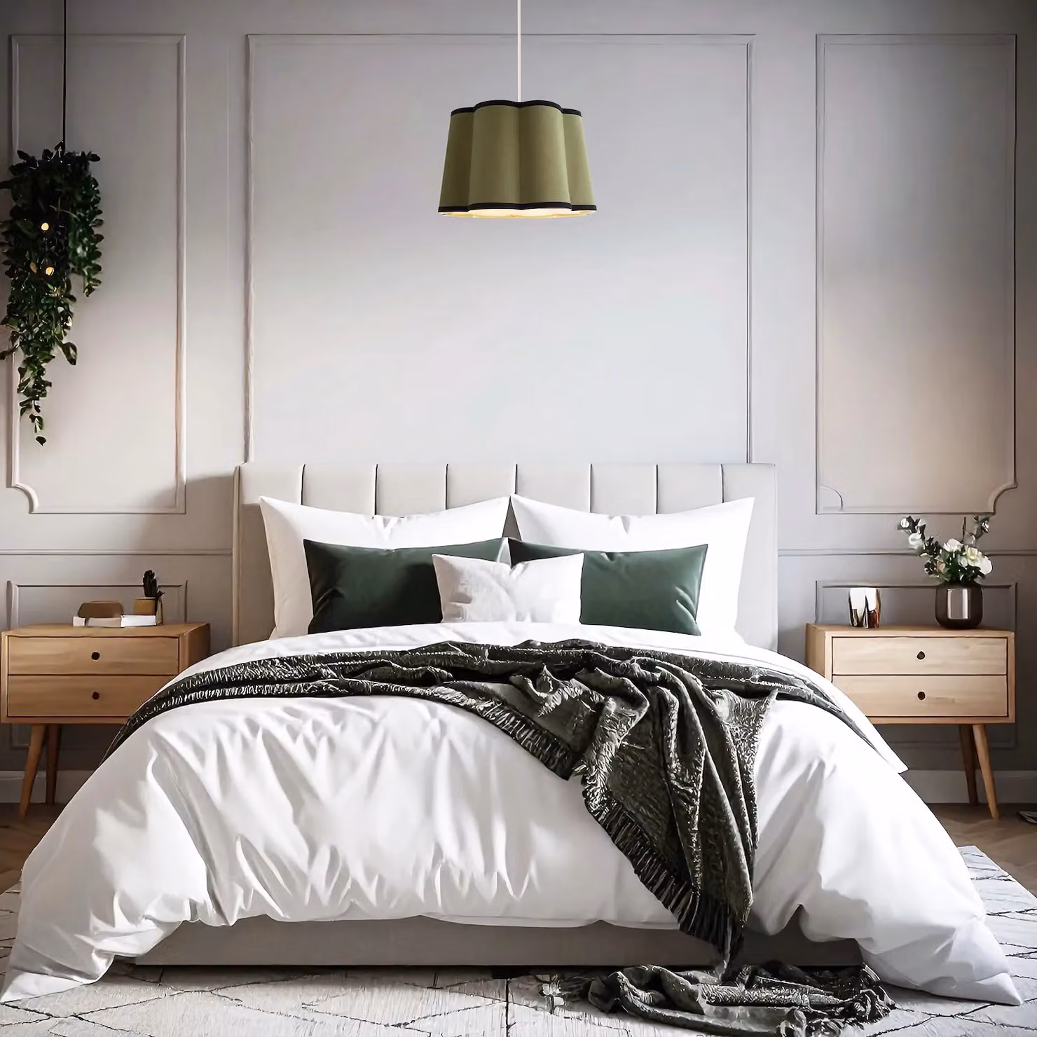 Happy Homewares Olive Green Linen Scallop Drum Lamp Shade with Black Cotton Trims, Diameter: 35 cm, Height: 23 cm – 4