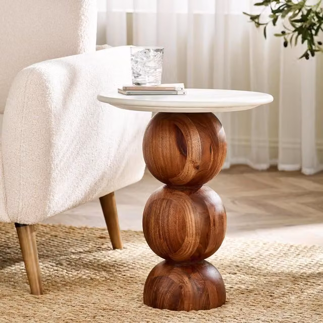 FurnitureboxUK Veer Round Side Table with White Marble Top and Acacia Wood Base
