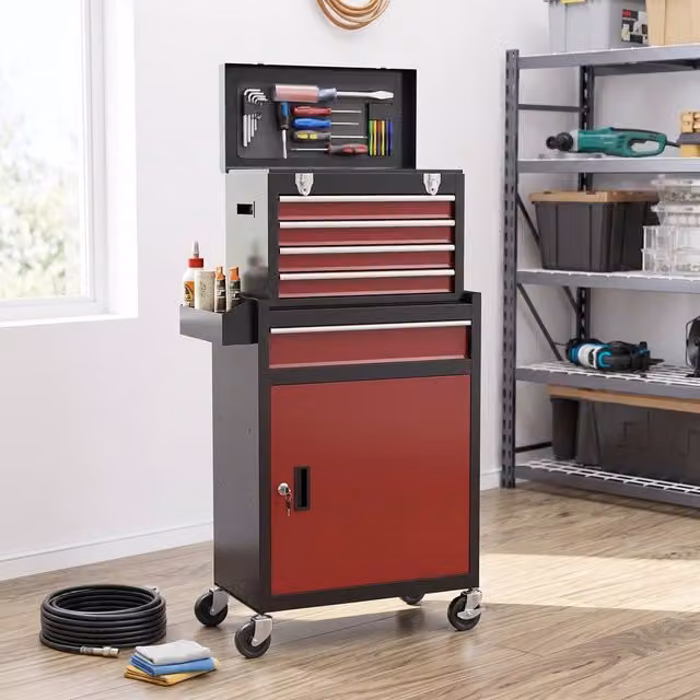 STILVORA Red Steel Tool Storage Chest on Wheels with Lockable Drawers and Cupboard