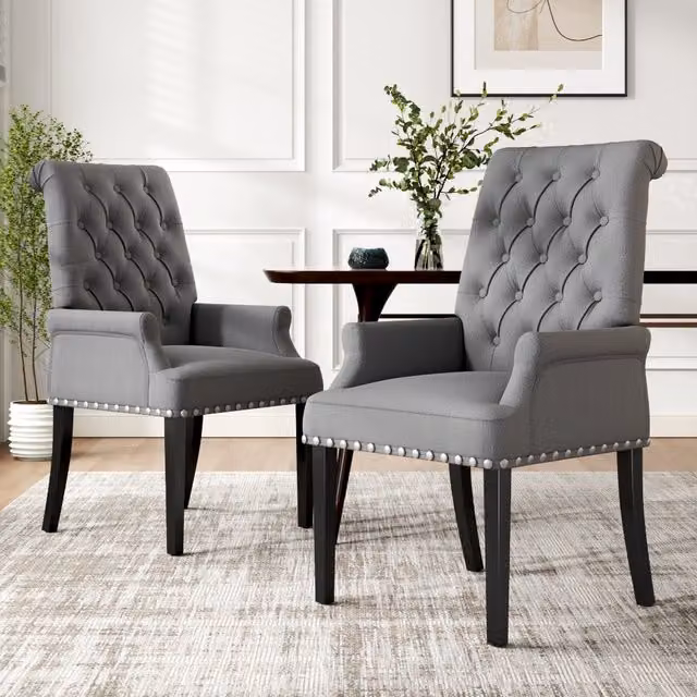 Komore Modern Geometric Linen Upholstered Dining Armchair with Rubberwood Legs