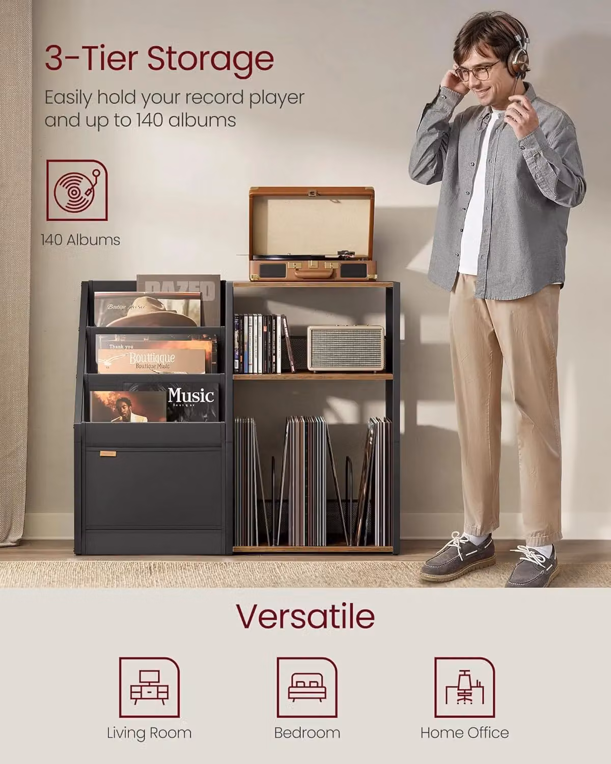 VASAGLE Industrial 3-Tier Record Player Stand and Vinyl Storage in Brown – 3
