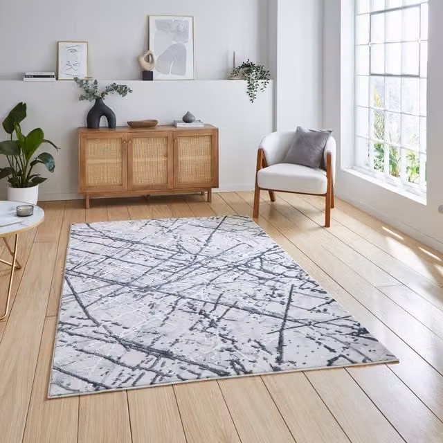 Terrys Abstract Silver and Grey Rectangular Rug with Metallic Effect Yarn
