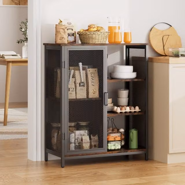 Livingandhome Industrial Sideboard Coffee Bar Cabinet in Brown Wood and Black Metal