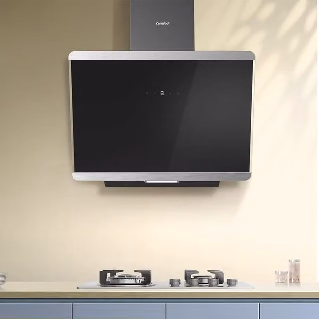 Livingandhome Black Wall-Mounted Angled Glass Range Hood with 3-Speed Touch Screen Control