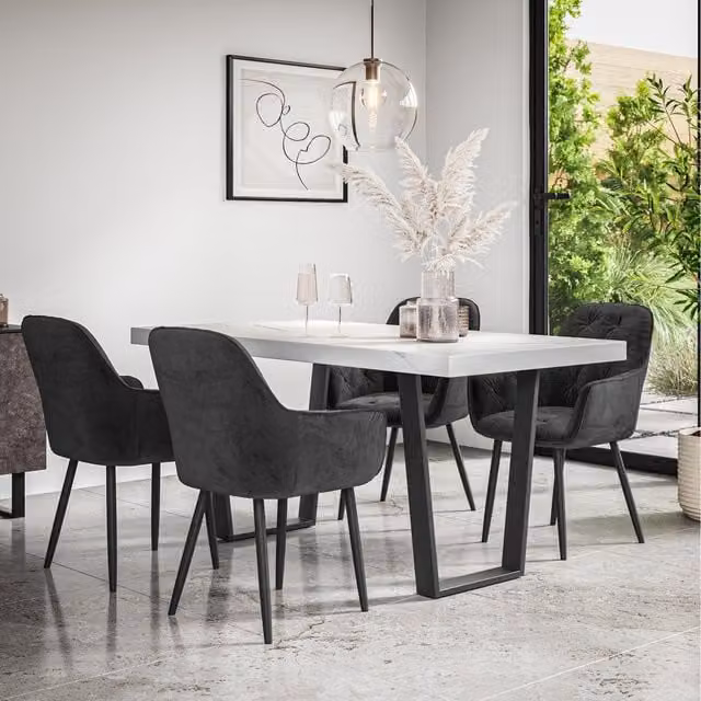 More4Homes Aria Dining Set with Marble Effect Table and 4 Anika Velvet Chairs in Black and White