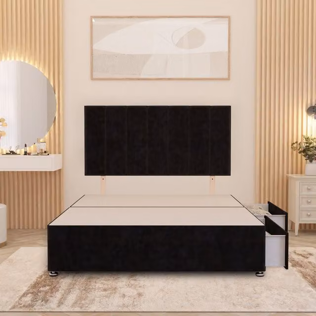 Somnior Beds Ltd Austin Divan Bed Base with Drawers in Black Velvet, W/D/H: 140 x 200 cm