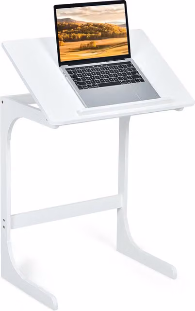 COSTWAY White Bamboo C-Shaped Sofa Side Table with Tilting Top and Sled Base