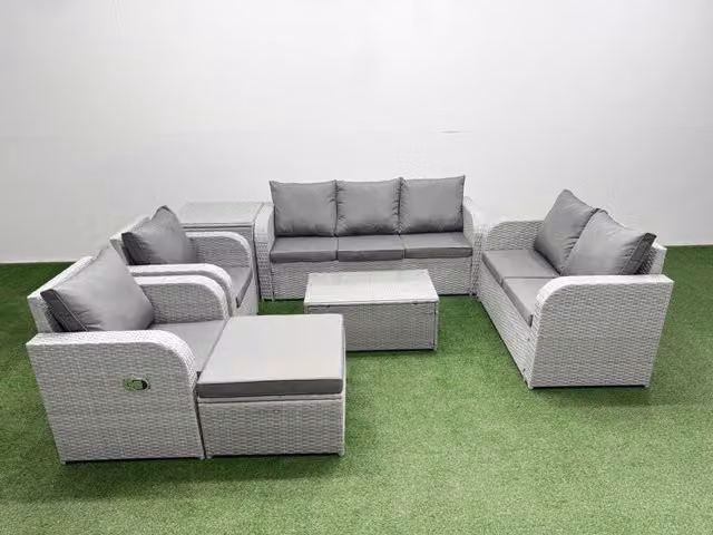 Fimous Grey PE Rattan Garden Furniture Set with Adjustable Chairs, Double Love Seat, Coffee Table and Footstool