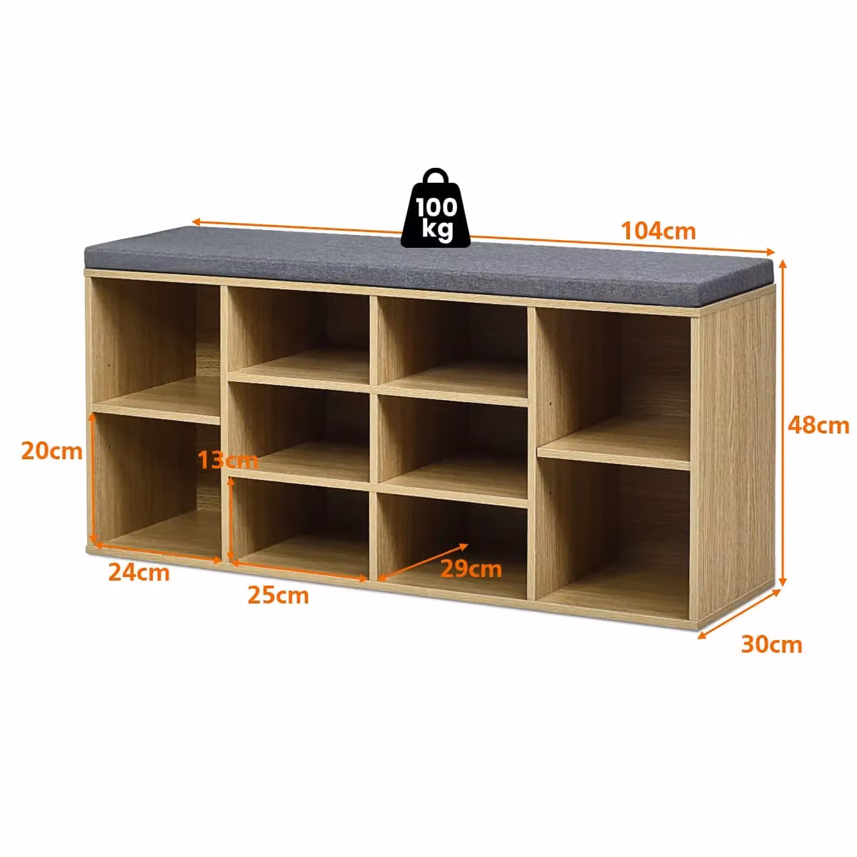 Gymax 10-Cube Shoe Storage Cabinet and Bench with Cushioned Seat in Natural Brown – 2