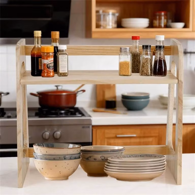 PAWNORA Coffee Station Organizer Counter Shelf in Natural Brown Wood